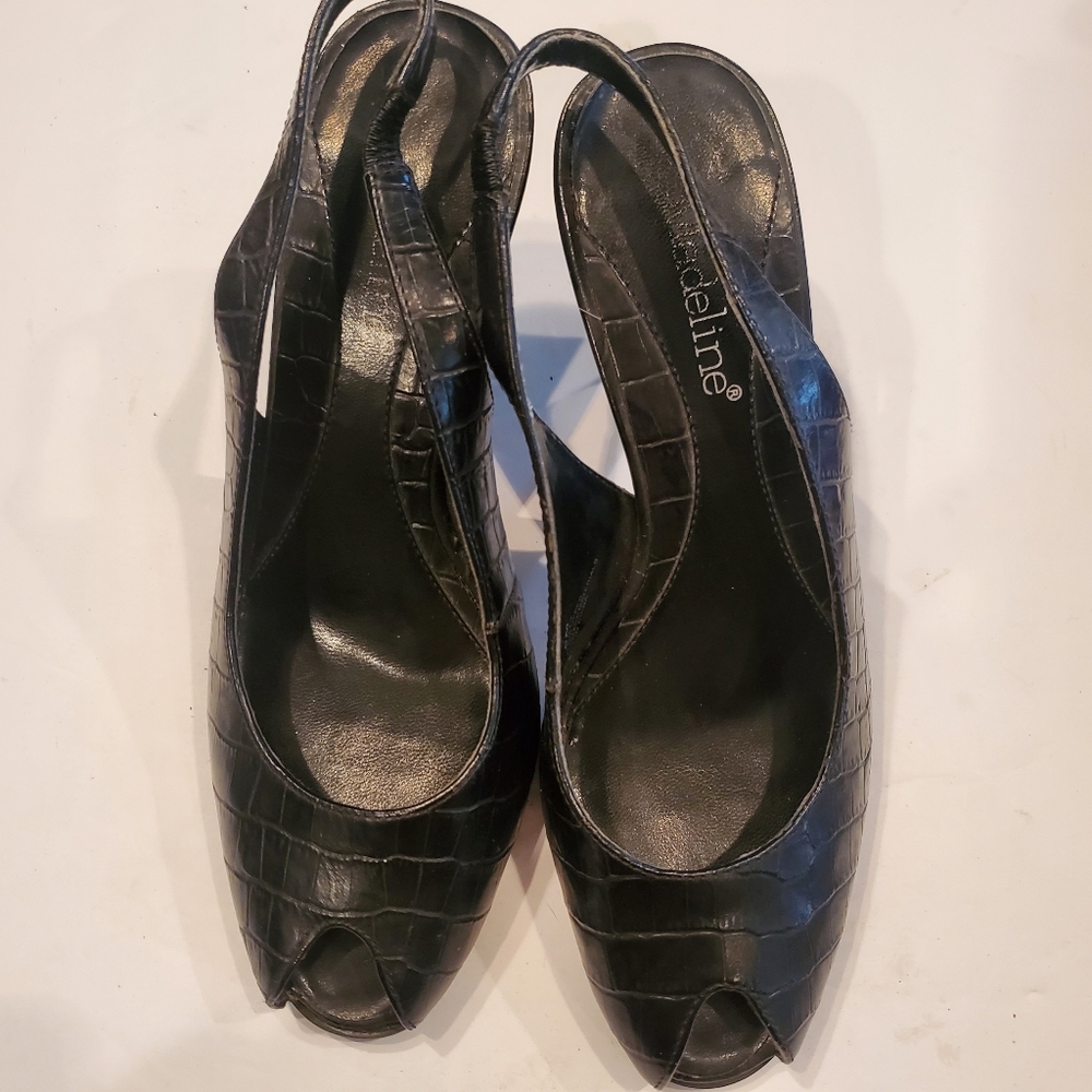 Madeline black leather peep toe heels